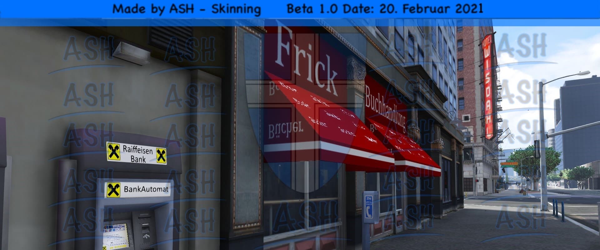 ASH — Austrian Skinning Hub, Außenansicht eines Bankgebäudes — Originalscreenshot aus dem privaten Archiv