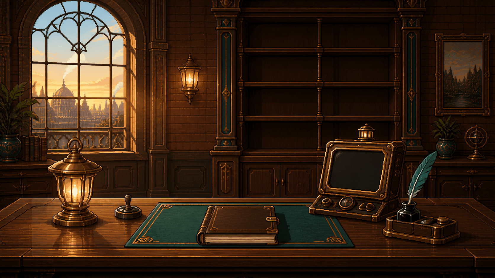 Ein aufgeräumter Schreibtisch mit Lampe, geschlossener Chronik, Federkiel und einem Messingterminal mit dunklem Bildschirm vor leeren Regalfächern