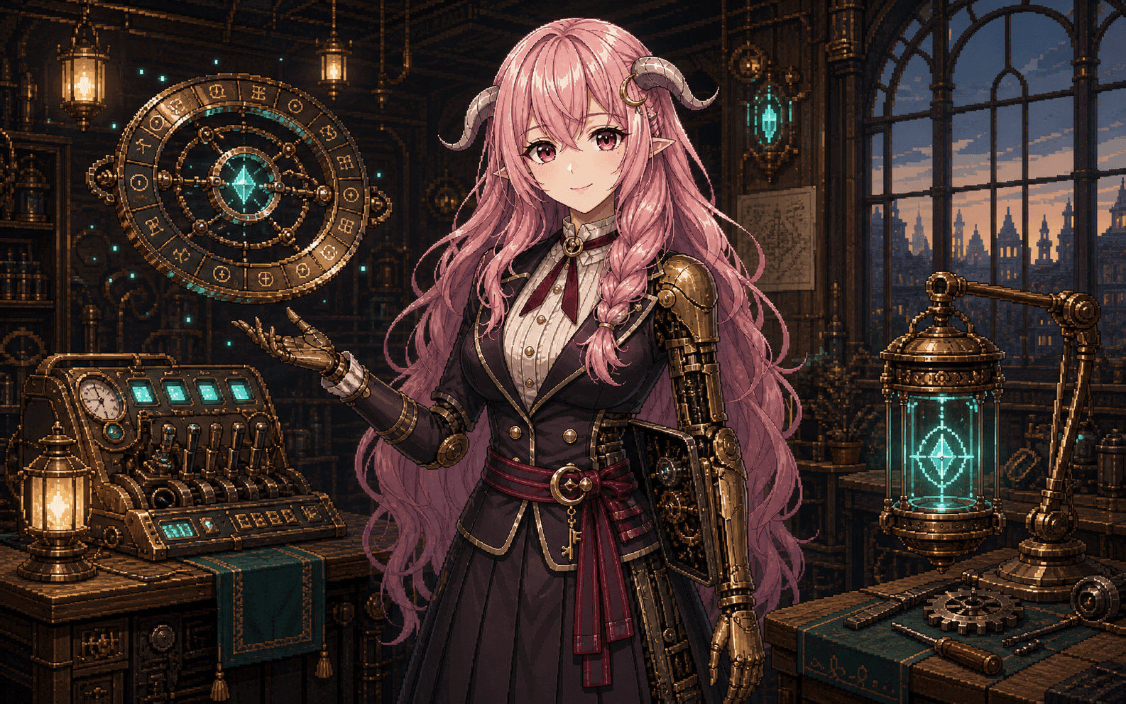 Illustration zu Lady Shuna the Graceful V1: eine anmutige Bot-Figur mit Messingdetails.