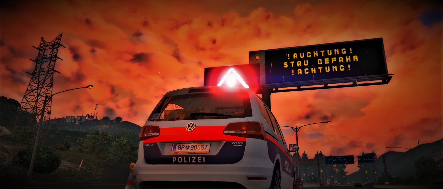 SchockLifeRP V1, Verkehrswarnung bei Sonnenuntergang — Originalscreenshot aus dem privaten Archiv