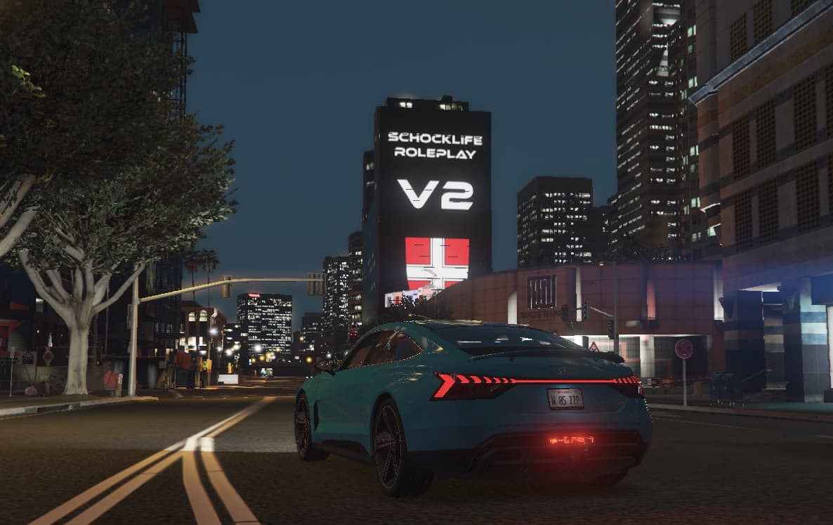 SchockLifeRP V2, Werbetafel in der Stadt bei Nacht — Originalscreenshot aus dem privaten Archiv
