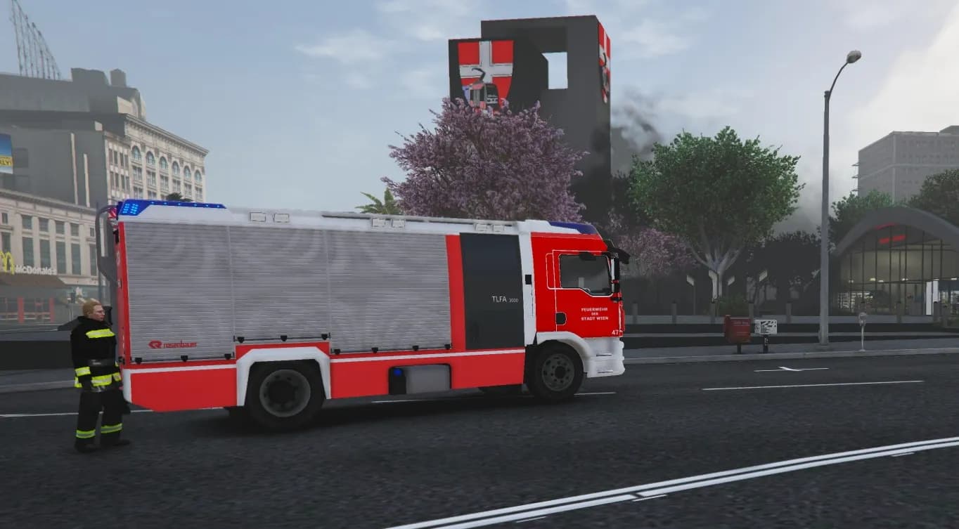 SchockLifeRP V2, Löschfahrzeug im Stadtverkehr — Originalscreenshot aus dem privaten Archiv