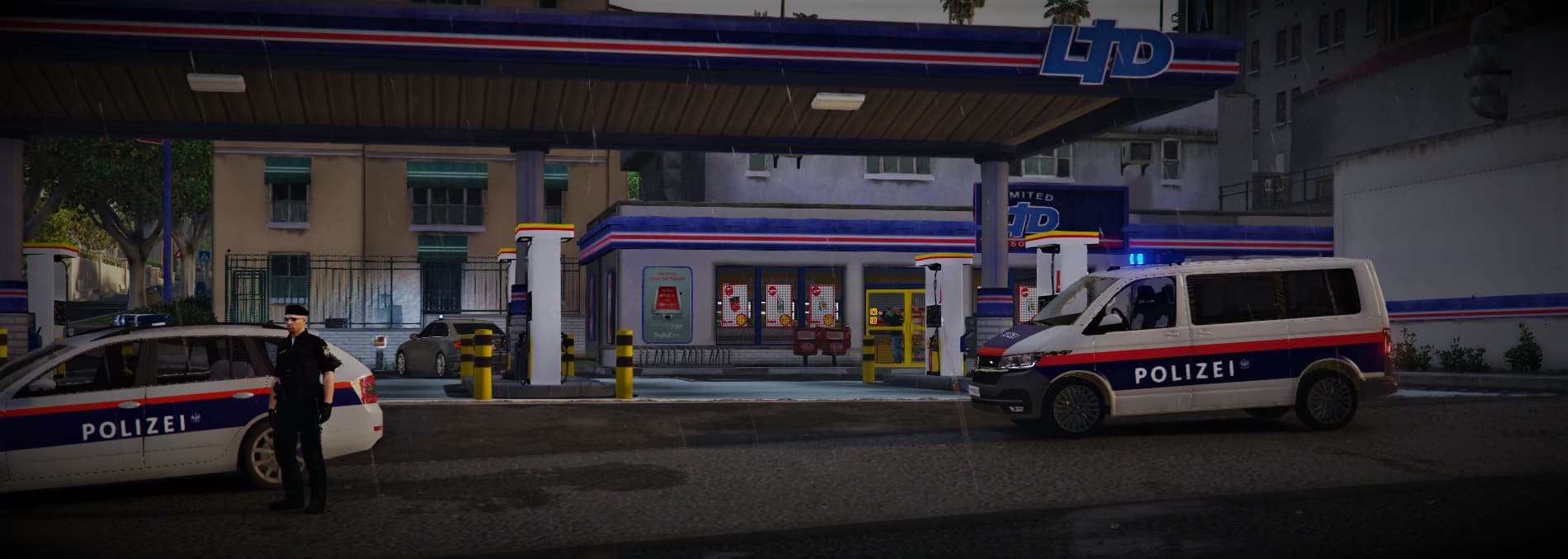 SchockLifeRP V2, Polizei an einer Tankstelle — Originalscreenshot aus dem privaten Archiv