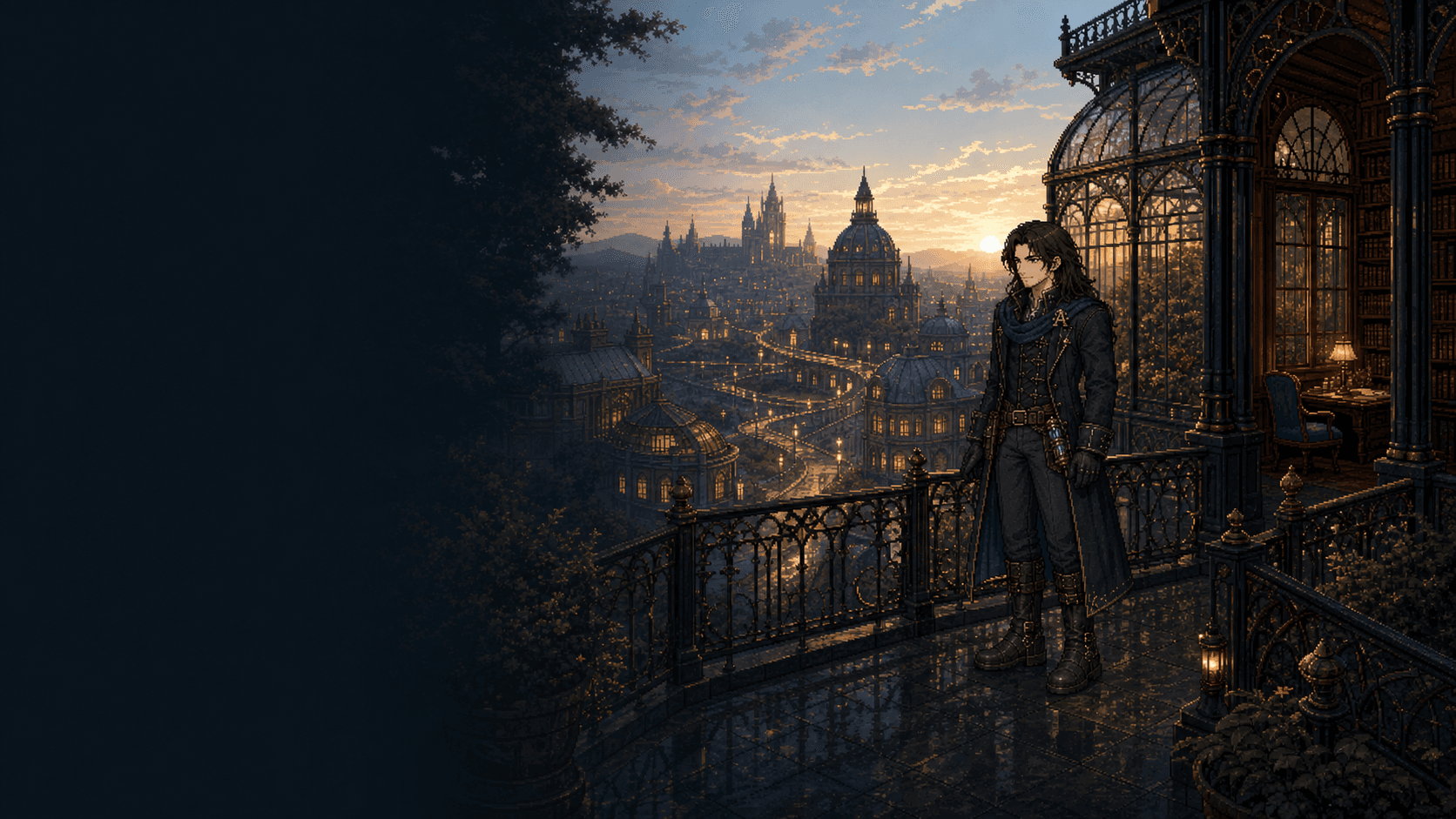 Blick von einem schmiedeeisernen Balkon über eine abendliche Stadt mit Kuppeln und Lichtern; rechts steht eine Figur am Geländer