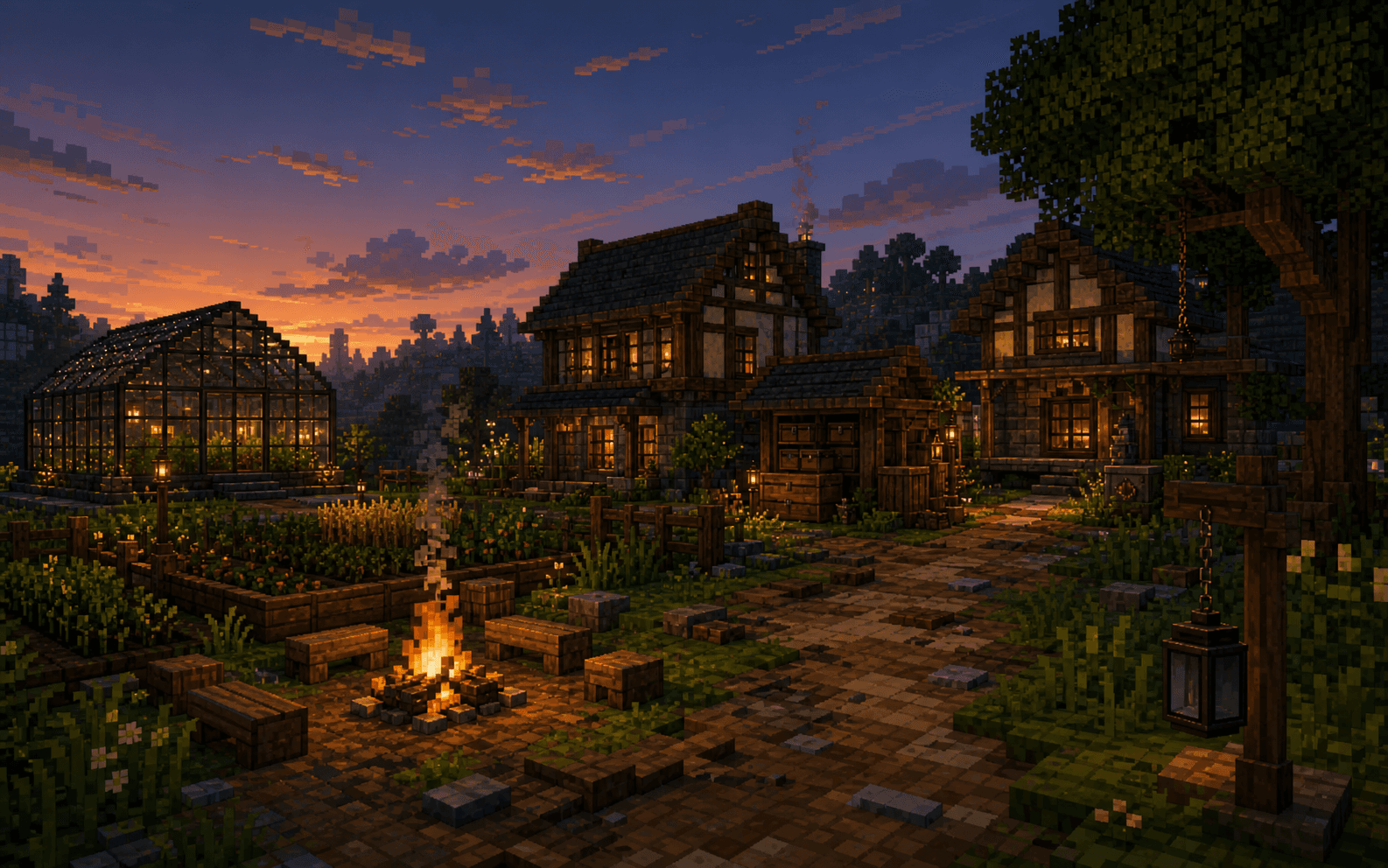 Illustration zum Auroria-Magna-Survival-Server: eine kleine Steinsiedlung im Pixel-Art-Stil.